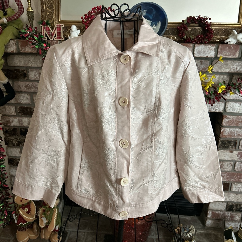 Chico’s Lagenlook Jacket 3/4 Sleeve Embroidered Blush Pink Sz 0